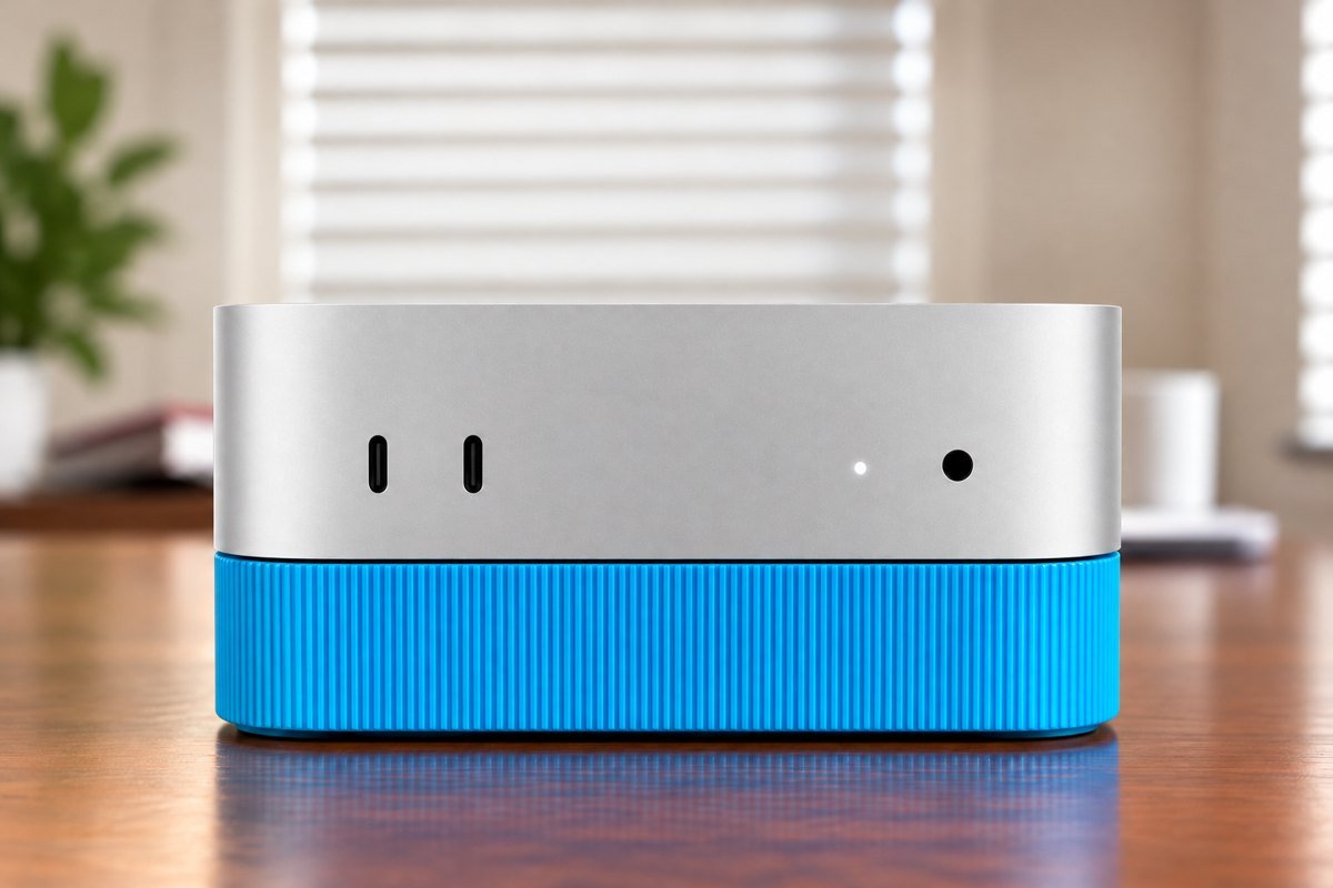 Conceptual product visualization of Mac mini on a blue stand